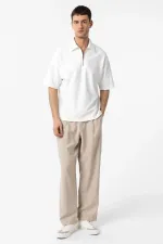 Antioch Ekru Relax Fit Fermuarlı Polo Yaka Erkek T-Shirt