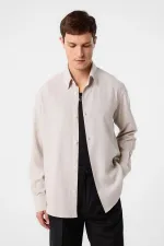 Antioch Bej Relax Fit Keten Karışımlı Erkek Gömlek