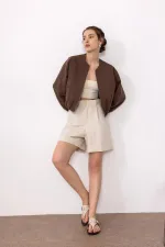 Antioch Bej Yüksek Bel Pensli  Kadın Bermuda Şort