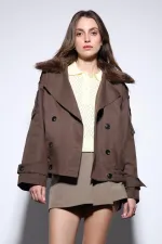 Trench-coat court en fausse fourrure Antioch Coffee pour femme