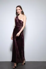 Antioch Bordo Asimetrik Yaka Saten Uzun Elbise