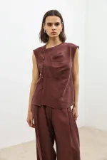 Antioch Burgundy Lyocell Blend Buttoned Women's Top