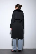 Trench-coat Antioch noir à col en fausse fourrure pour femme