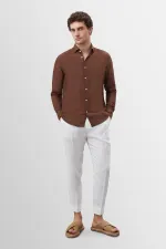 Antioch Men's Shirt with Coffee Collar and Button Detail, 100% Linen