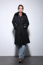 Trench-coat Antioch noir à col en fausse fourrure pour femme