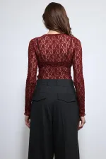 Antioch Bordo Dantel Detaylı Transparan Bluz