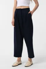 Antioch Navy Blue Pleated Soft Ankle Length Women's Trousers