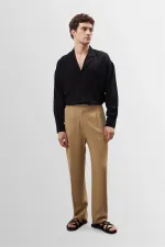 Pantalon pour homme Antioch Light Mink taille haute plissé en lin mélangé