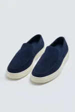 Antioch Navy Blue Stitched Suede Leather Loafers