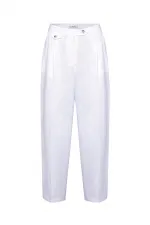 Antioch Beyaz 100% Keten Yüksek Bel Pilili Kadın Pantolon