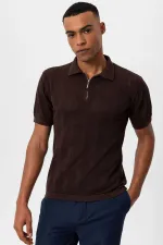 Antioch Kahve Polo Yaka Fermuarlı Örme Erkek T-Shirt