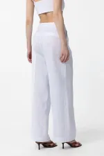 Antioch Beyaz 100% Keten Yüksek Bel Pilili Kadın Pantolon