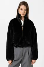 Antioch Black Women's Faux Fur Coat with Elastic Waistband