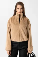 Antioch Beige Women's Faux Fur Coat with Elastic Waistband