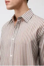 Antioch Kahve Lyocell Karışımlı Relax Fit Çizgili Erkek Gömlek