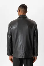 Antioch Siyah Suni Deri Kruvaze Erkek Ceket