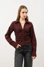 Chemise femme Antioch Burgundy en popeline froncée