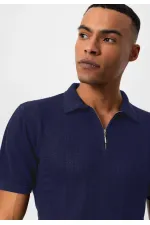 Antioch Navy Blue Polo Collar Zip-Up Knitted Men's T-Shirt