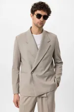 Antioch Beige Double-Breasted Men's Blazer Jacket with Welt Pockets