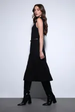 Antioch Black Women's Midi Dress with Belt Detail