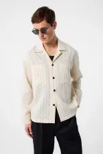 Antioch Ekru Modal Kumaş Çizgili Erkek Gömlek