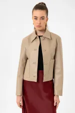 Antioch Bej Kadın Polo Yaka Suni Deri Ceket