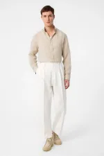 Chemise homme Antioch beige en lin mélangé à col boutonné