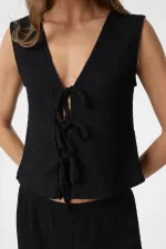 Antioch Black Textured Women's Suit with Tie Detail