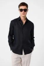 Antioch Siyah 100% Keten Comfort Fit Erkek Gömlek