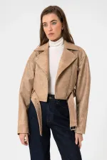 Antioch Bej Kadın Suni Deri Crop Biker Ceket