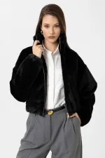 Antioch Black Women's Faux Fur Coat with Elastic Waistband