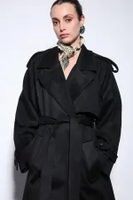 Antioch Black Double-Breasted Suede-Look Premium Women's Trench Coat