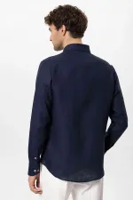 Antioch Lacivert Yaka Düğme Detaylı %100 Keten Erkek Gömlek