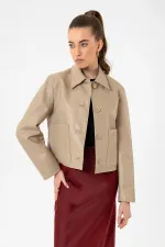 Antioch Bej Kadın Polo Yaka Suni Deri Ceket