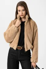 Antioch Beige Women's Faux Fur Coat with Elastic Waistband