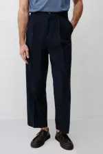 Antioch Navy Blue High-Waisted Pleated Relax Fit Men's Trousers
