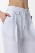 Antioch Beyaz 100% Keten Yüksek Bel Pilili Kadın Pantolon