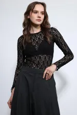 Antioch Siyah Dantel Detaylı Transparan Bluz