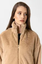 Antioch Beige Women's Faux Fur Coat with Elastic Waistband