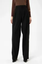 Antioch Black Women's High Waist Straight Fit Pants with Dart Detail