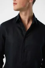 Antioch Siyah 100% Keten Comfort Fit Erkek Gömlek