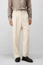 Antioch Bej Relaxed Fit Çizgili Erkek Takım Elbise