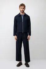 Antioch Navy Blue High-Waisted Pleated Relax Fit Men's Trousers