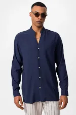 Antioch Navy Blue Mandarin Collar Long-Sleeved Men's Shirt