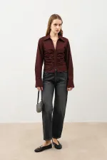 Chemise femme Antioch Burgundy en popeline froncée