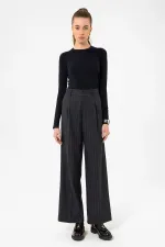 Antioch Lacivert Kadın Yüksek Bel Pileli Çizgili Pantolon