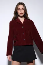 Veste Antioch en daim bordeaux pour femme avec détails à pompons