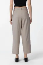 Antioch Beige Pleated Soft Ankle Length Women's Trousers