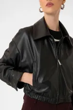 Antioch Siyah Crop Suni Deri Kadın Ceket