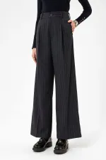 Antioch Lacivert Kadın Yüksek Bel Pileli Çizgili Pantolon